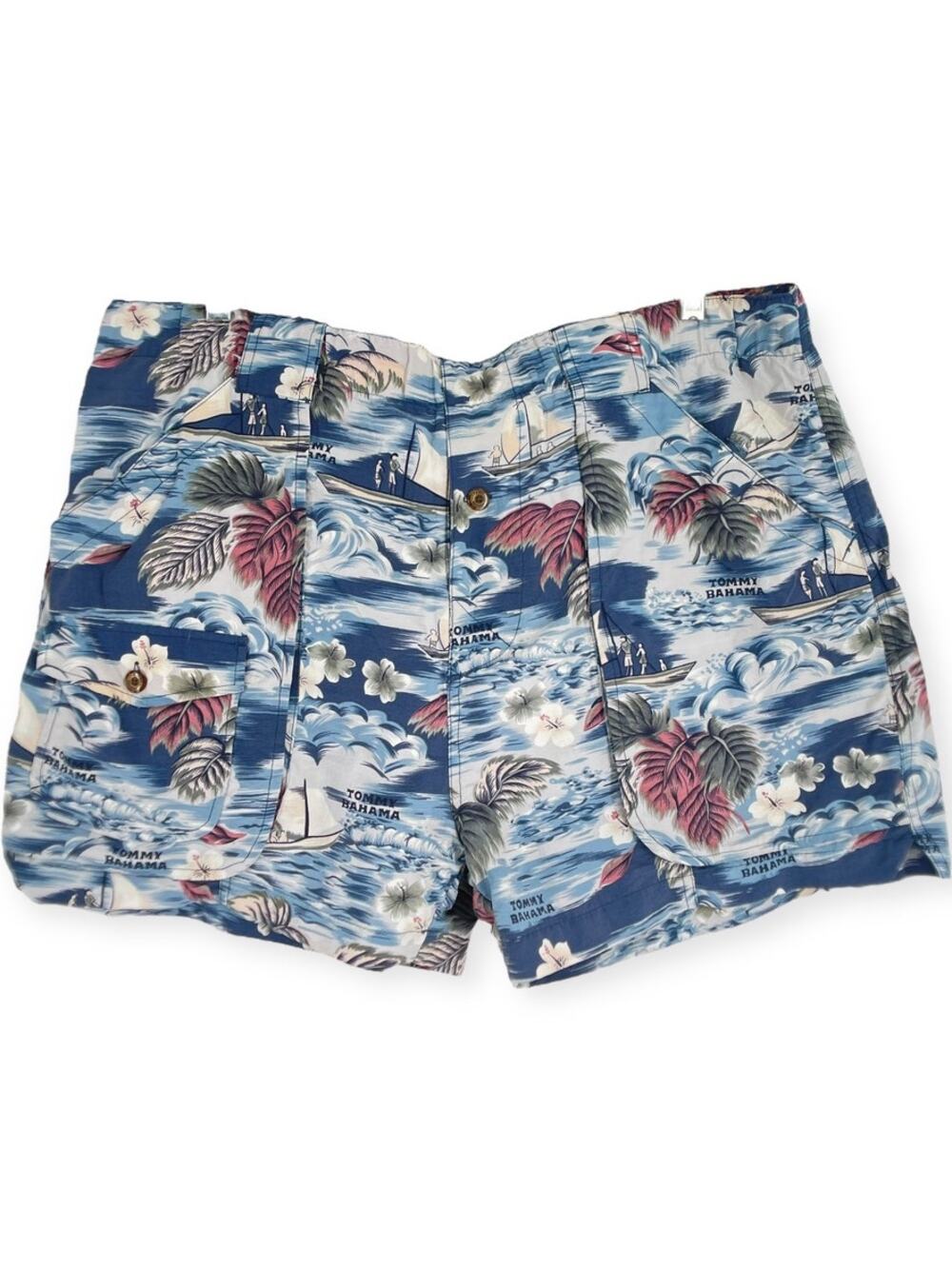 Tommy Bahama Logo Ocean Tropical Hawaiian Sailing Blue Short Swim Trunks Shorts